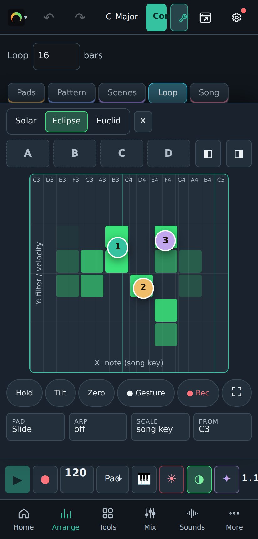three fingers: notes, notes, filter