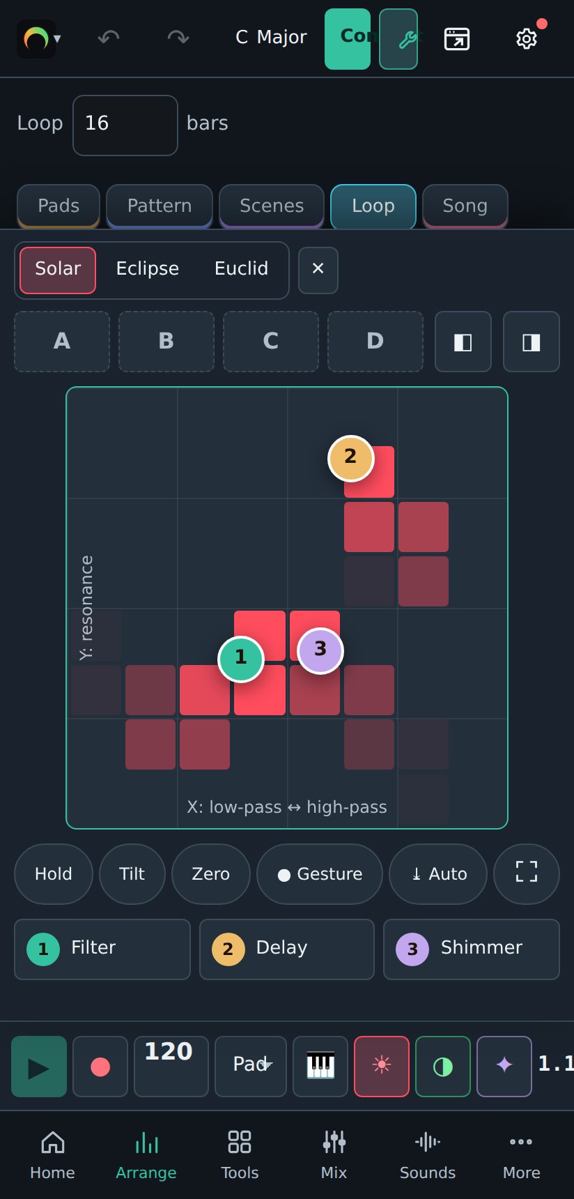 Solar effects pad with three fingers on a phone
