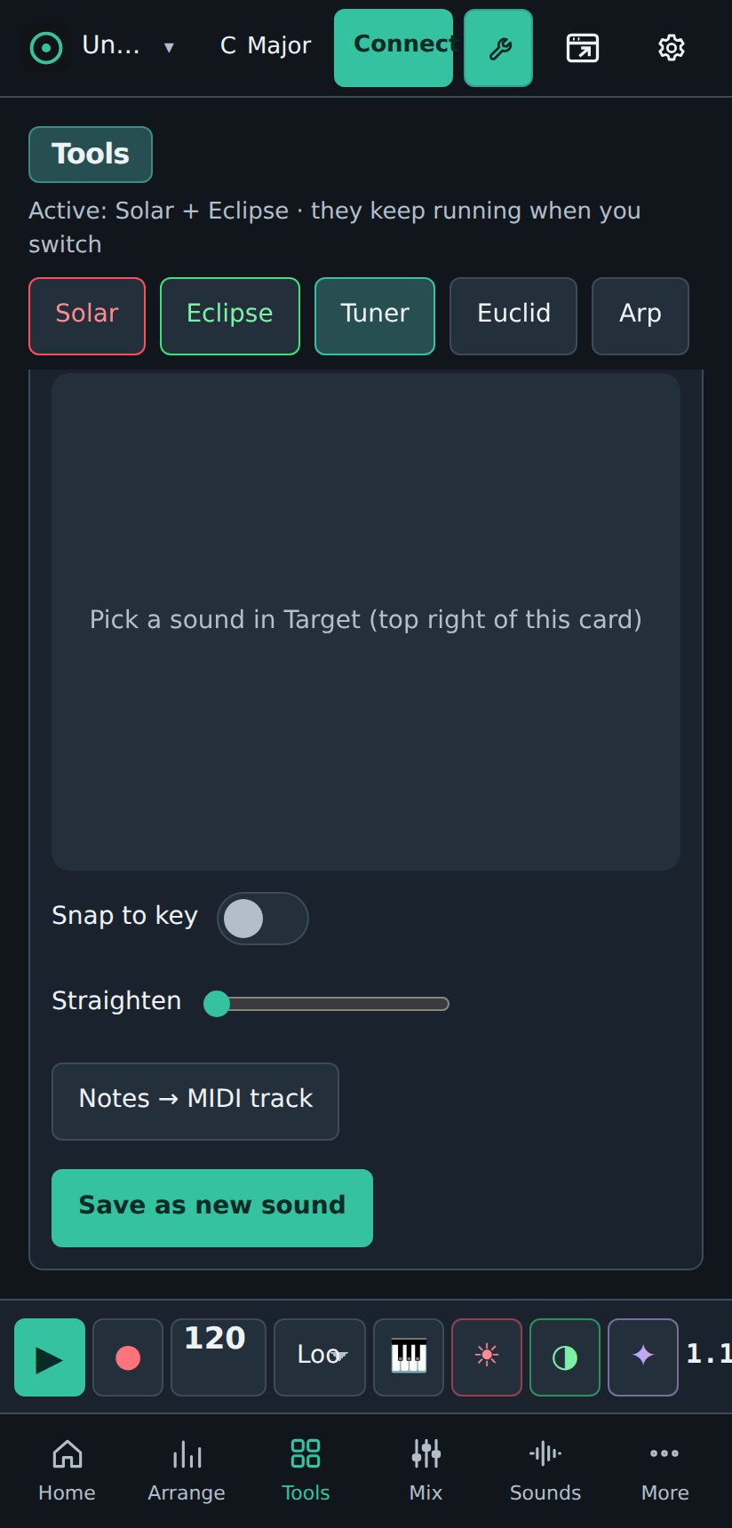 Tuner on a phone, scrolled