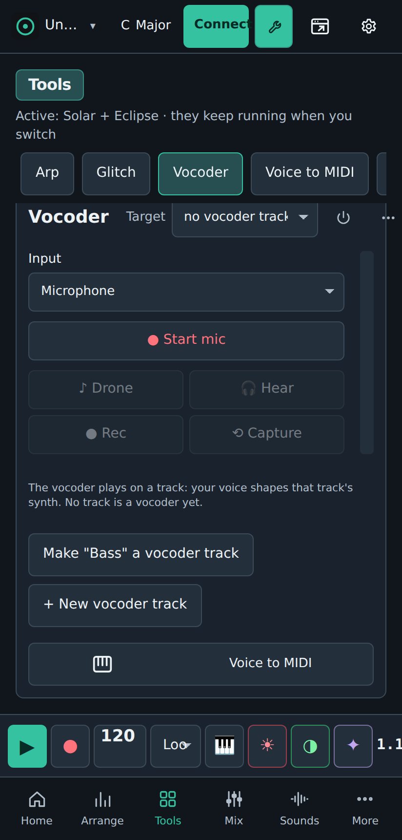 Vocoder on a phone, scrolled